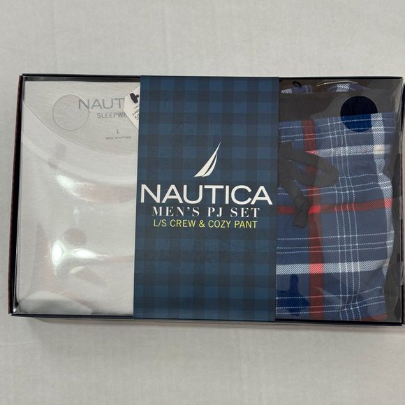 Nautica Sz L Men's PJ Set White Blue Multi Crew Neck Cozy Pants - Picture 3 of 12